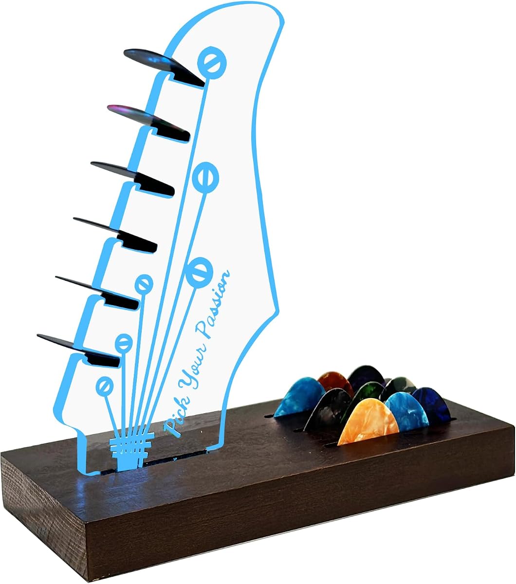 Light Up Guitar Pick Holder for Picks Storage and Display | Wooden Guitar Pick Holders Music Gift for Men Guitar Music Lovers Players Guitarist, Guitar Accessories