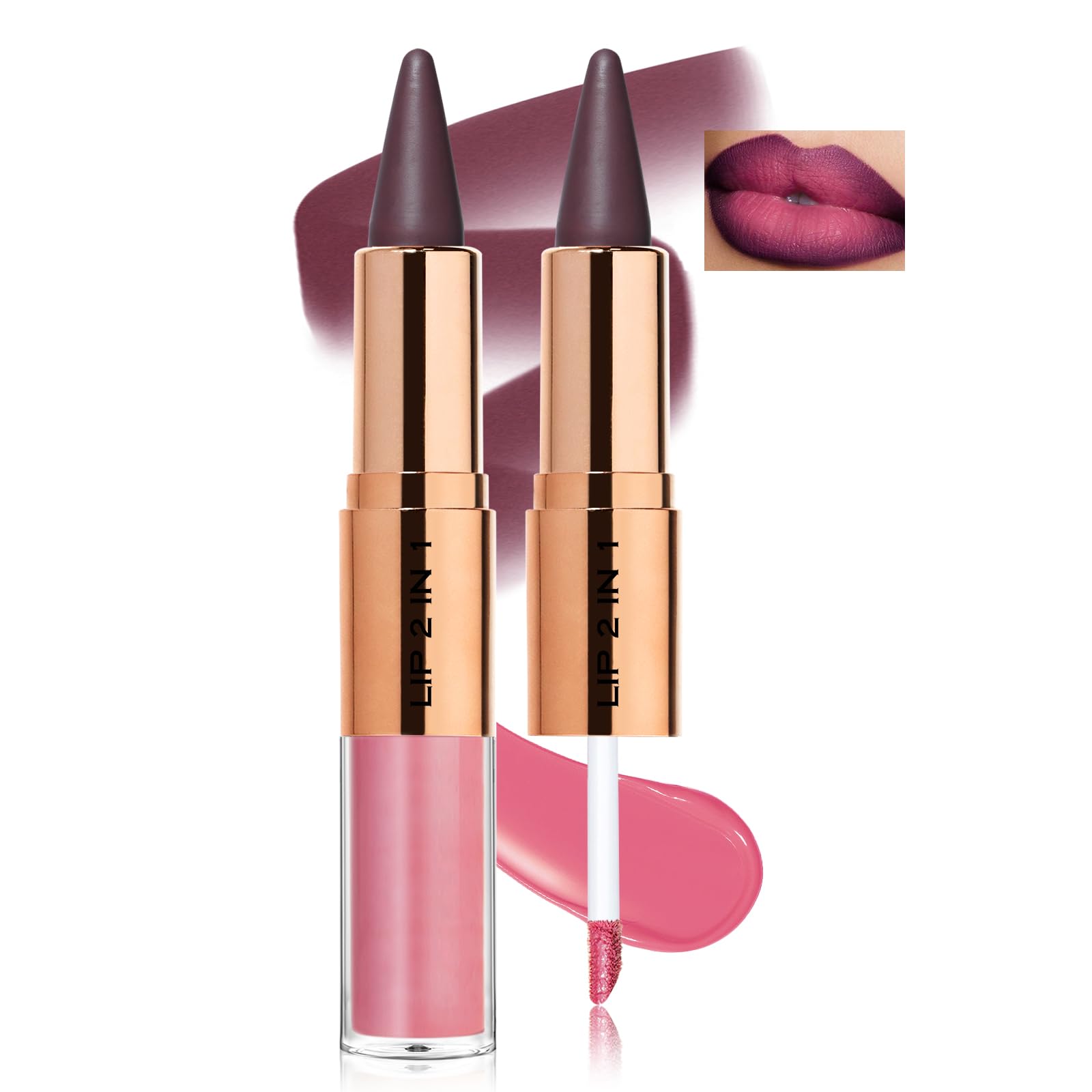 Noerrors 2 in 1 Gradient Lip Liner and Matte Lip Gloss Combo,Achieve Flawless Contour and Gradual Ombre Effect with Easy to Use Crayon Cone Tip,Roseberry Bloom Smudgeproof,Waterproof,Highly Pigmented