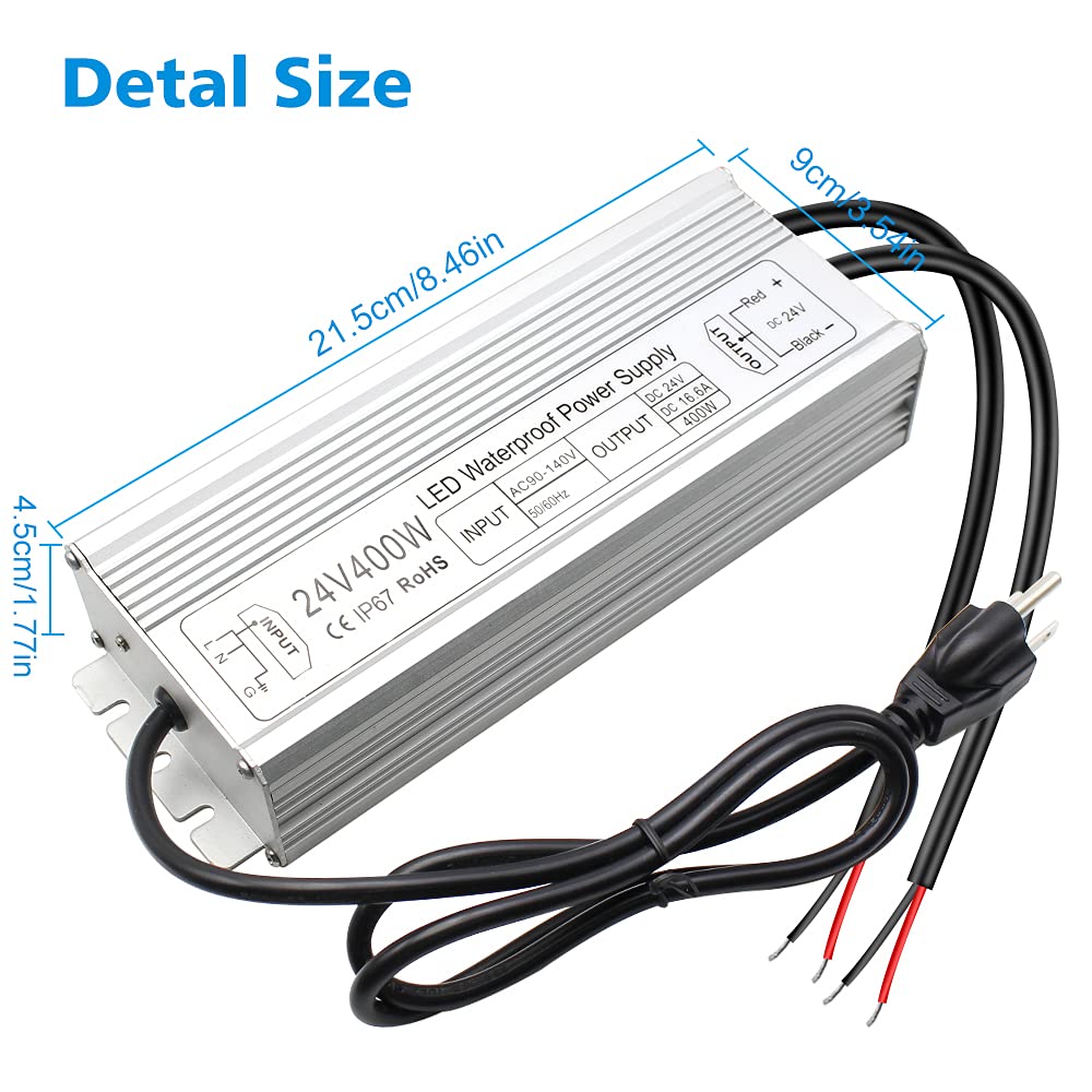 inShareplus 24V 400W LED Power Supply, IP67 Rainproof Waterproof Outdoor Driver,AC 90-140V to DC 24V Low Voltage Transformer, Adapter Converter for LED Light, Computer Project, Outdoor Use - Image 2