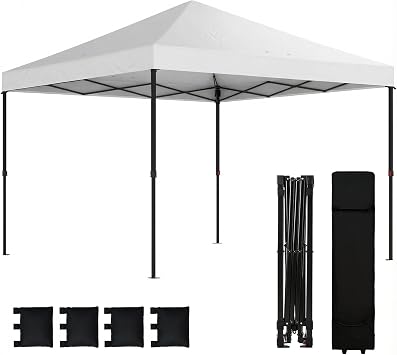 Outsunny 10 x 10 ft Pop Up Canopy Tent with One Push Setup, Easy Setup Outdoor Portable Instant Canopy Shelter with Wheeled Carry Bag, Sandbags, Adjustable Height for Parties, Events, White