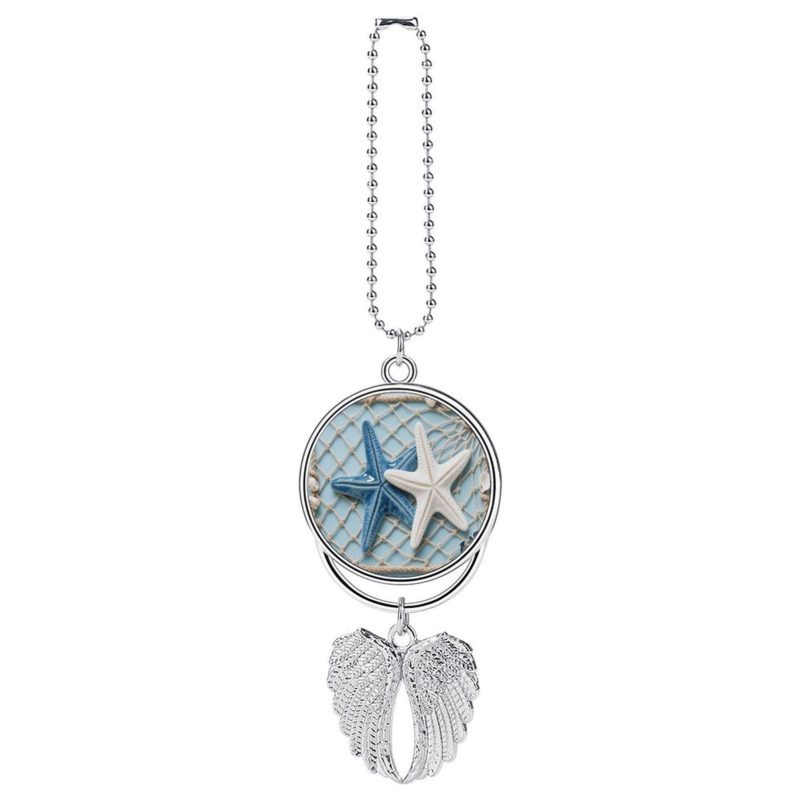 Sea Theme Starfish Car Pendant Car Rearview Mirror Pendant Custom Photo Car Hanging Ornament Car Rear View Mirror Hanging Accessories Angel Wing Car Charm Gift for Men Women