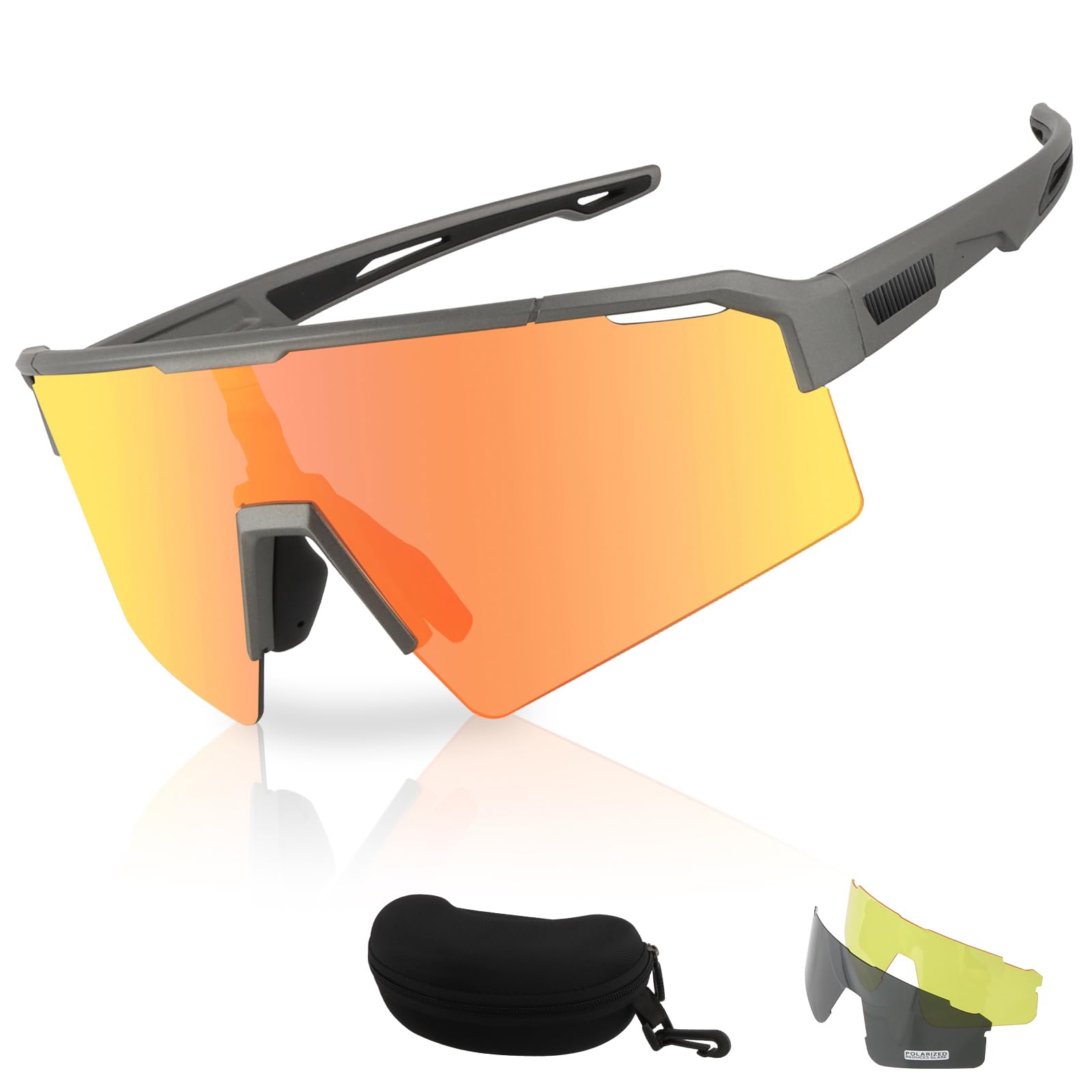 Polarised Sunglasses Sports 3 Lenses - (Polarised, Yellow, Colored Mirror Lens) Semi-Rimless Cycling Glasses Unisex, Inner Frame Hard Case Bike Goggles, Baseball Driving Golf Eyewear
