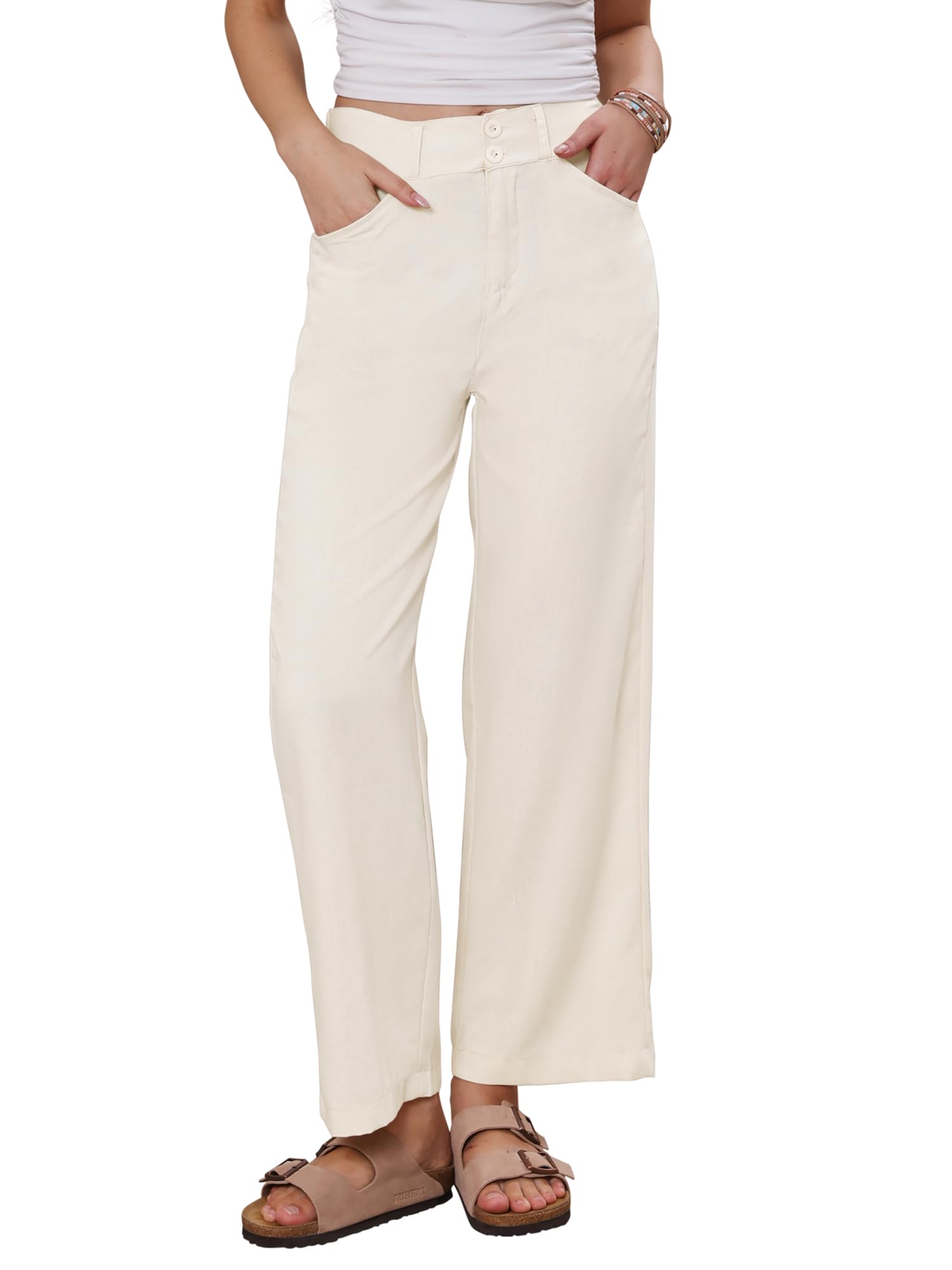 Allegra K Linen Pants for Women Casual Lightweight Wide Leg Elastic Waist Button Trousers with Pockets