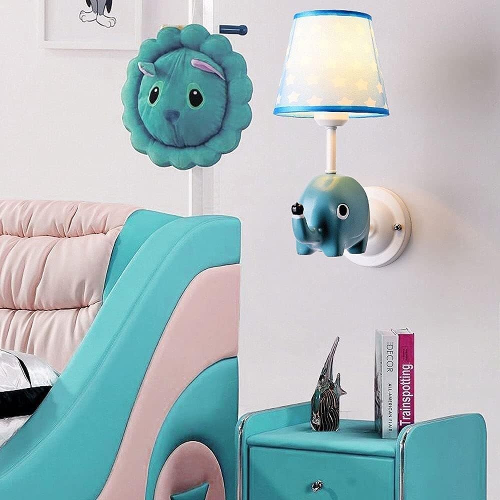 Bedside Blue Wall Sconces Creative Resin Cartoon Wall Lamp Blue Fly Elephant Fabric Shade Bedroom Wall Sconces American Children E27 Lighting Fixture for Kid's Kindergarten Animal Night Lamp