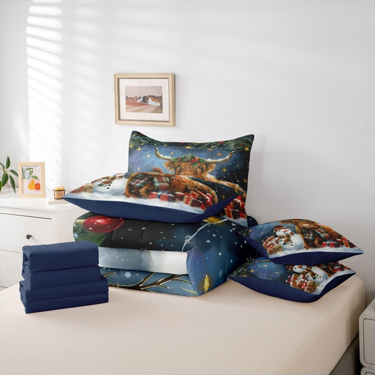 Erosebridal Christmas Highland Cattle Twin Bedding Set 7 Piece Cute Highland Cow Bed in A Bag with Sheets Xmas Snowman Gift Comforter Set for Kids Adults,Western Farm Animal Bed Sets