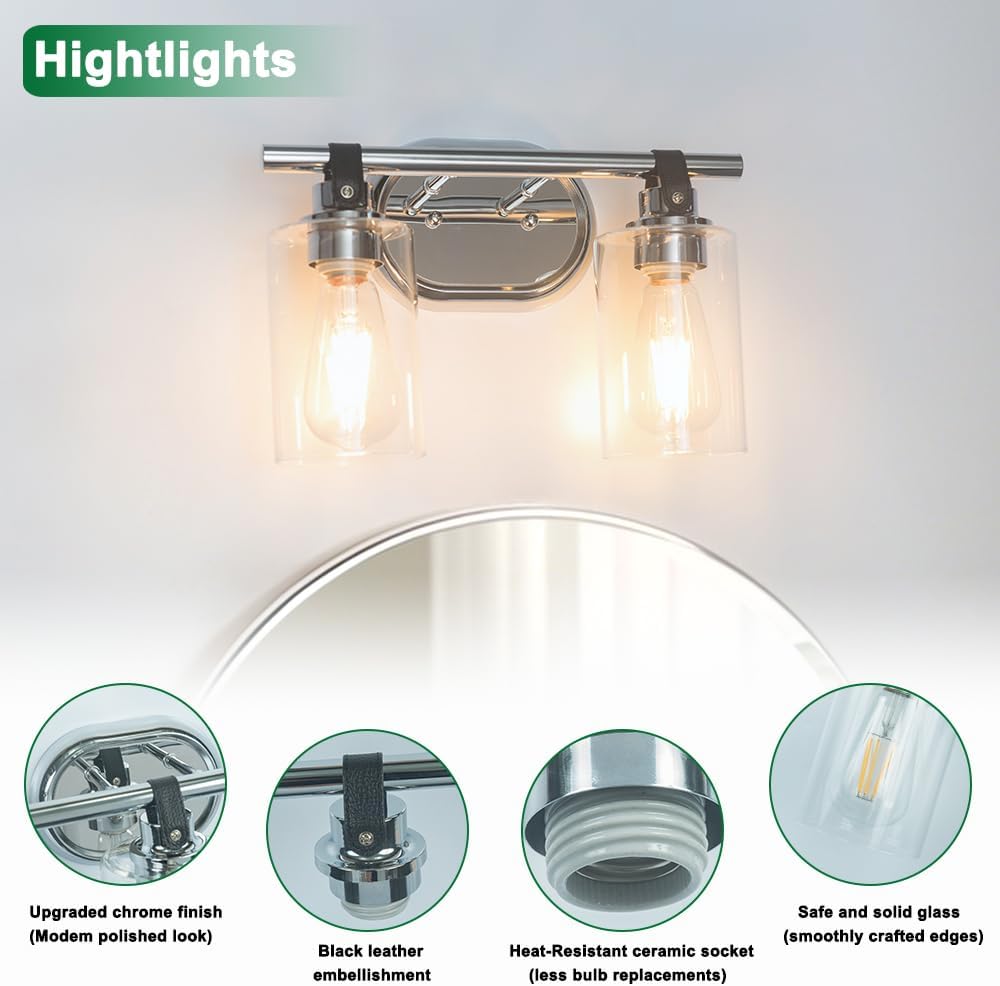 2 Light Bathroom Light Fixtures, Bathroom Vanity Light Over Mirror, Chrome Wall Sconce Vanity Lighting with Clear Glass Shade,Modern Farmhouse Bath Wall Lamp for Mirror Kitchen