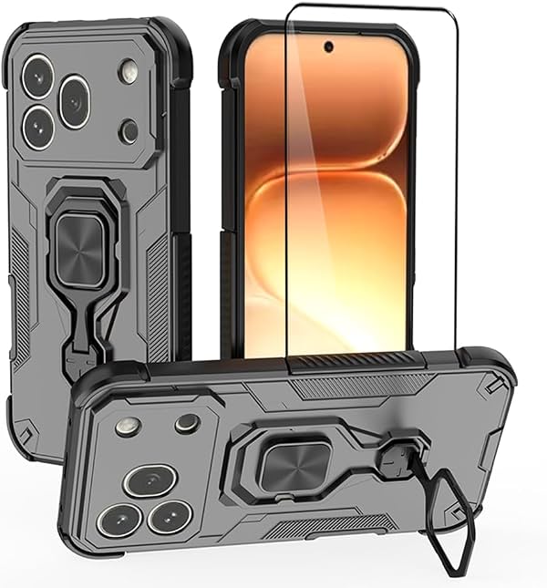 Funda para teléfono Honor 600 / Honor 600 Pro con soporte de anillo | Protección contra golpes en 4 esquinas, compatible con soporte magnético para auto, protección de cuerpo completo con protector de pantalla, negro