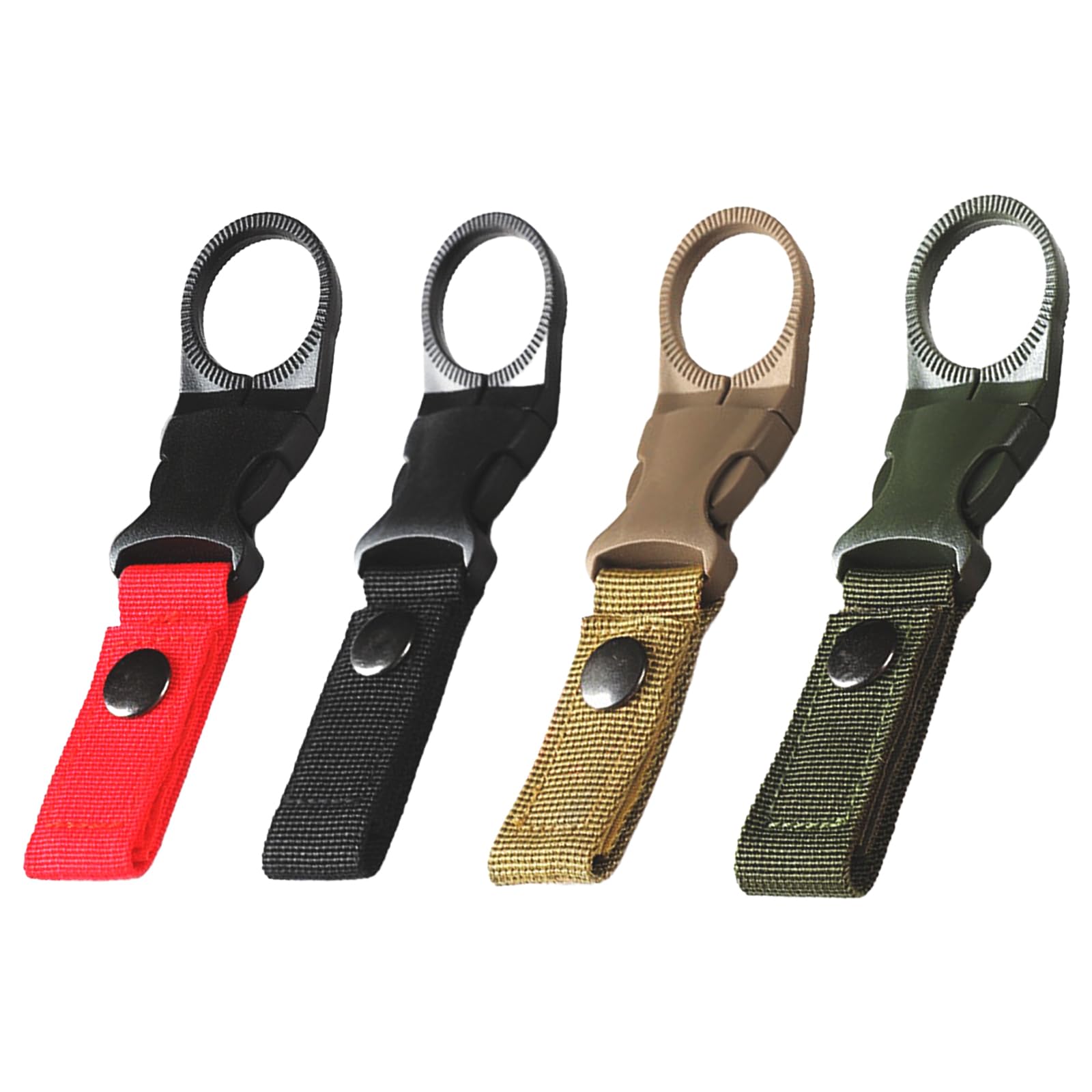 STORM FOCUS 4 Pcs Outdoor Tactical Nylon Beverage Bottle Strap Buckle, Portable Mineral Water Bottle Carrier, Suitable for Outdoor Activities, Travel, and Daily use (Black, Green, red, and Khaki)