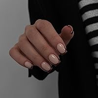 Vista 26 de Uñas postizas a presión con punta francesa negra, uñas cortas de almendra, uñas con pegamento para mujer, uñas acrílicas francesas de gel, uñas