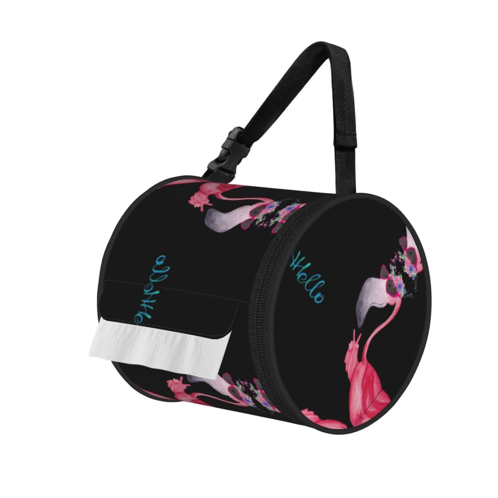 Hello Glasses Flamingo Printed Roll Paper Carrier Bag, Foldable Oxford Cloth Tissue Case for Camping Hiking Backpack