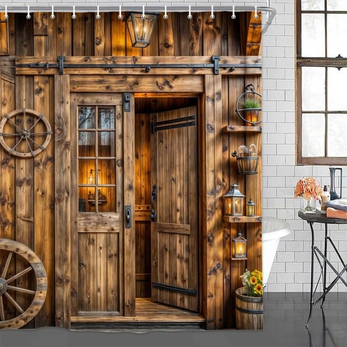 Rustic Barn Door Shower Curtain, Farmhouse Door Shower Curtain Brown Wood Door Shower Curtain Set, Western Shower Curtain Decor Waterproof Retro Farm Wood Bathroom Curtain with Hooks 72X84 Inch