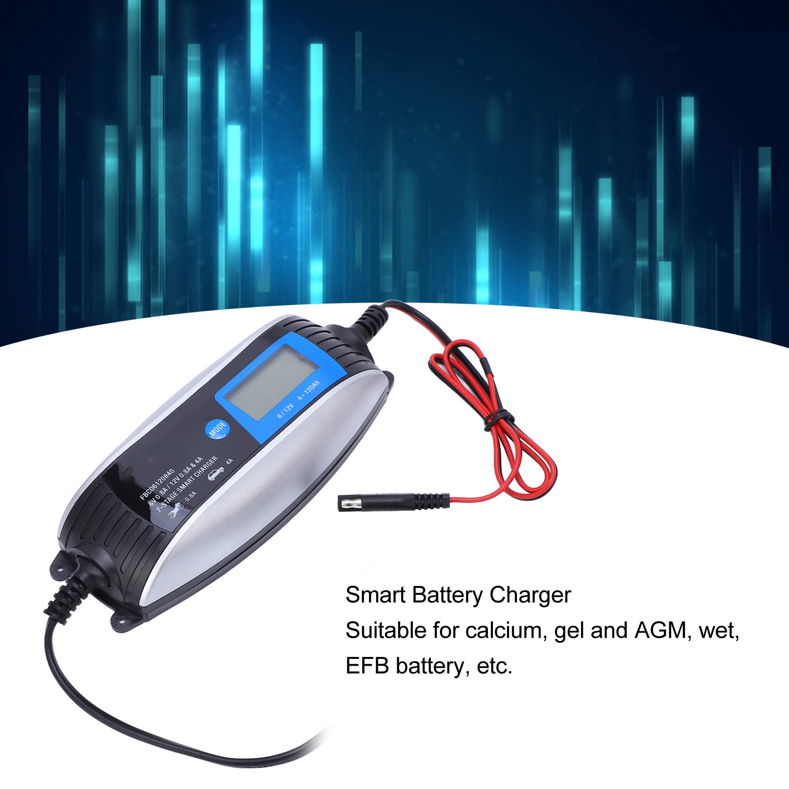 ViaGasaFamido 12 V 0,8A und 4A, 6 V 0,8A Auto -Batterieladegerät, Intelligent mit LCD -Display, Automatischer Batteriewächter, Rückwärts (EU-Stecker)