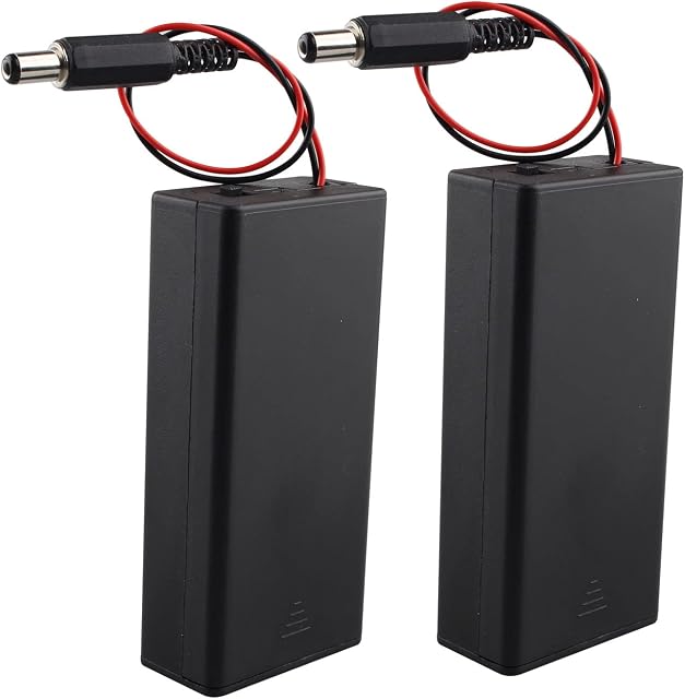 HALJIA 2PCS 2 × 3.7V 18650 Battery Holder with Cover, 2 x 18650 7.4V Plastic Battery Storage Box with ON/OFF Switch and DC Plug 5.5 × 2.1MM 2 Solts Holder Case for 3.7V 18650 Battery