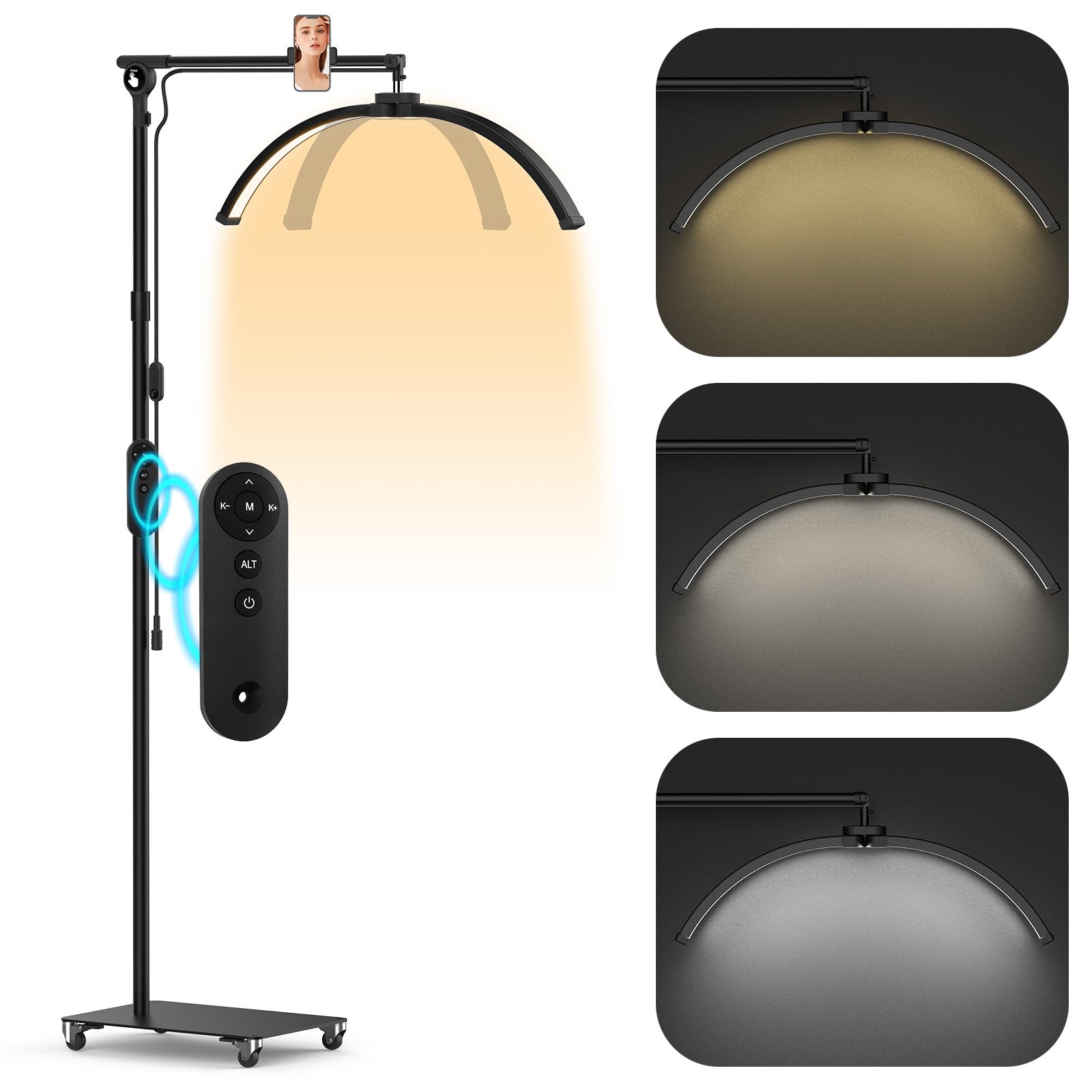 LmaqfumFoldable Half Moon Light, 2 in 1 Lash Lamp for Eyelash Tech, Esthetician Light with Phone Holder Desk Clip Wheel Stand for Eyelash Extension, Skincare, Nail Tech, Beauty Salon, 3 Modes