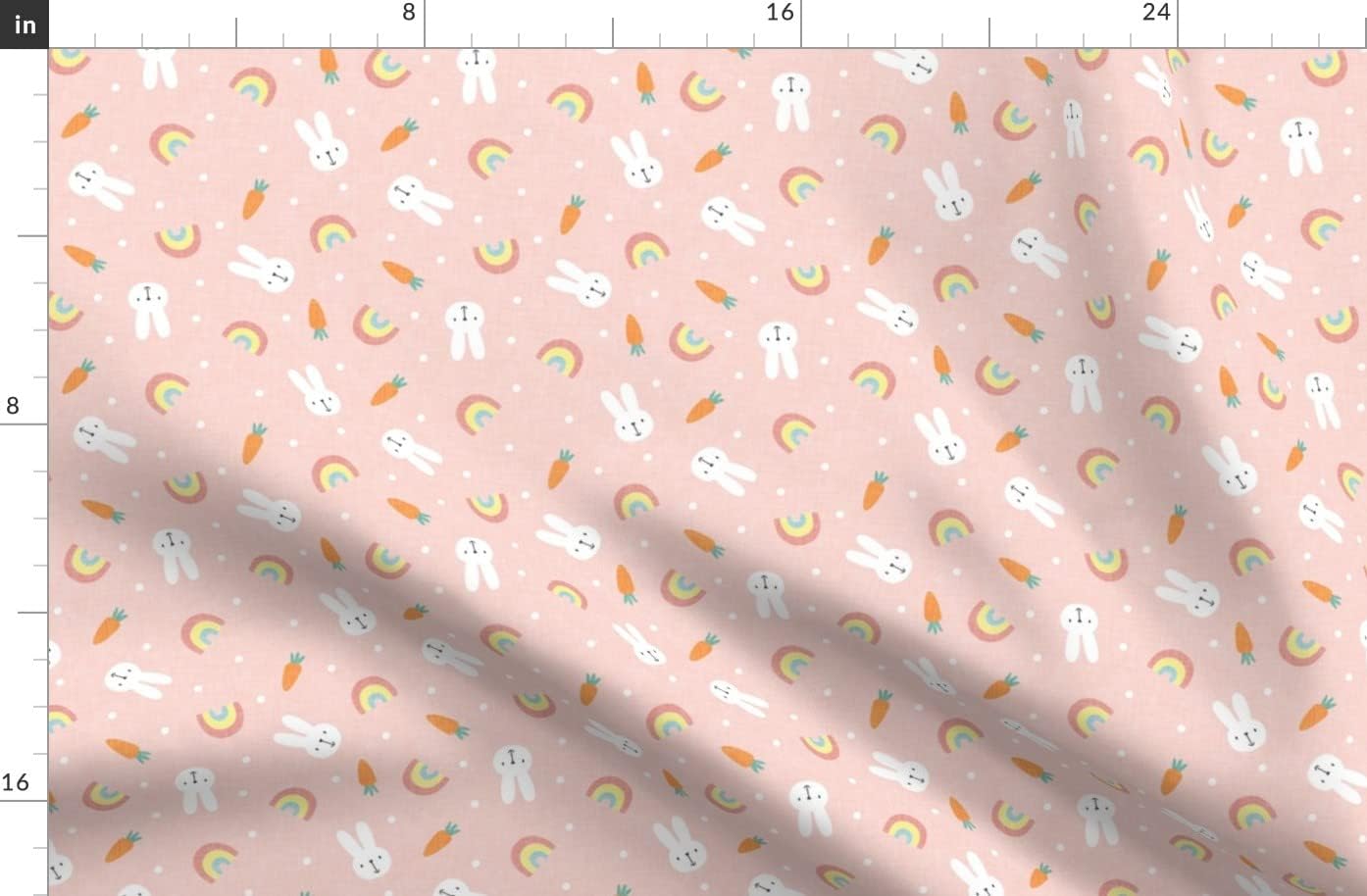 Spoonflower Fabric - Bunnies Rainbows Pastels Pink Spring Easter Bunny Carrot Printed on Organic Cotton Sateen Fabric by The Yard - Sewing Quilting Apparel Home Decor