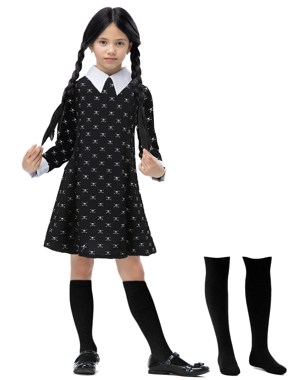 Oumbivil Girls Wednesday Addams Costume Dress Kids Halloween Costumes with High Socks Skull Printed Long Sleeve Pugsley