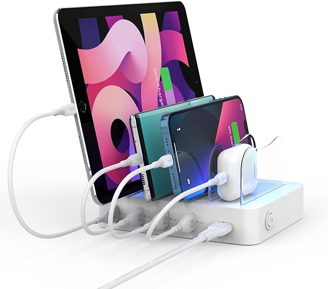 SOOPII Charging Station for Multiple Devices, 4-Port Charger Station with 4 Charging Cables Included,Desk Organizer Charge Station for Home,Office,Travel