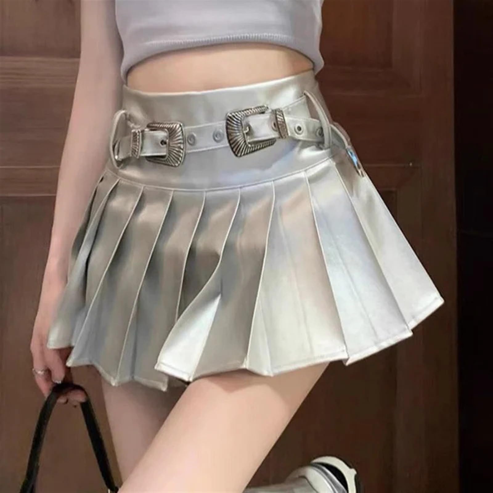 Falda Plisado Faldas Plisadas Plateadas de Cuero sintético for Mujer, minifaldas Cintura Alta con cinturón, Verano, Corte A
