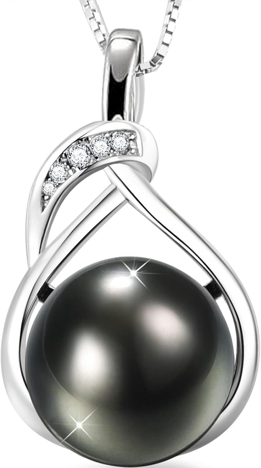 Tahitian Black Pearl Necklace, 9-11mm Round Real Pearls Jewelry,18+2" Sterling Silver Chain 18K Gold Plated Pendant - Gifts for Women Wife Anniversary Birthday Val Wedding Mothers Christmas Day Gift