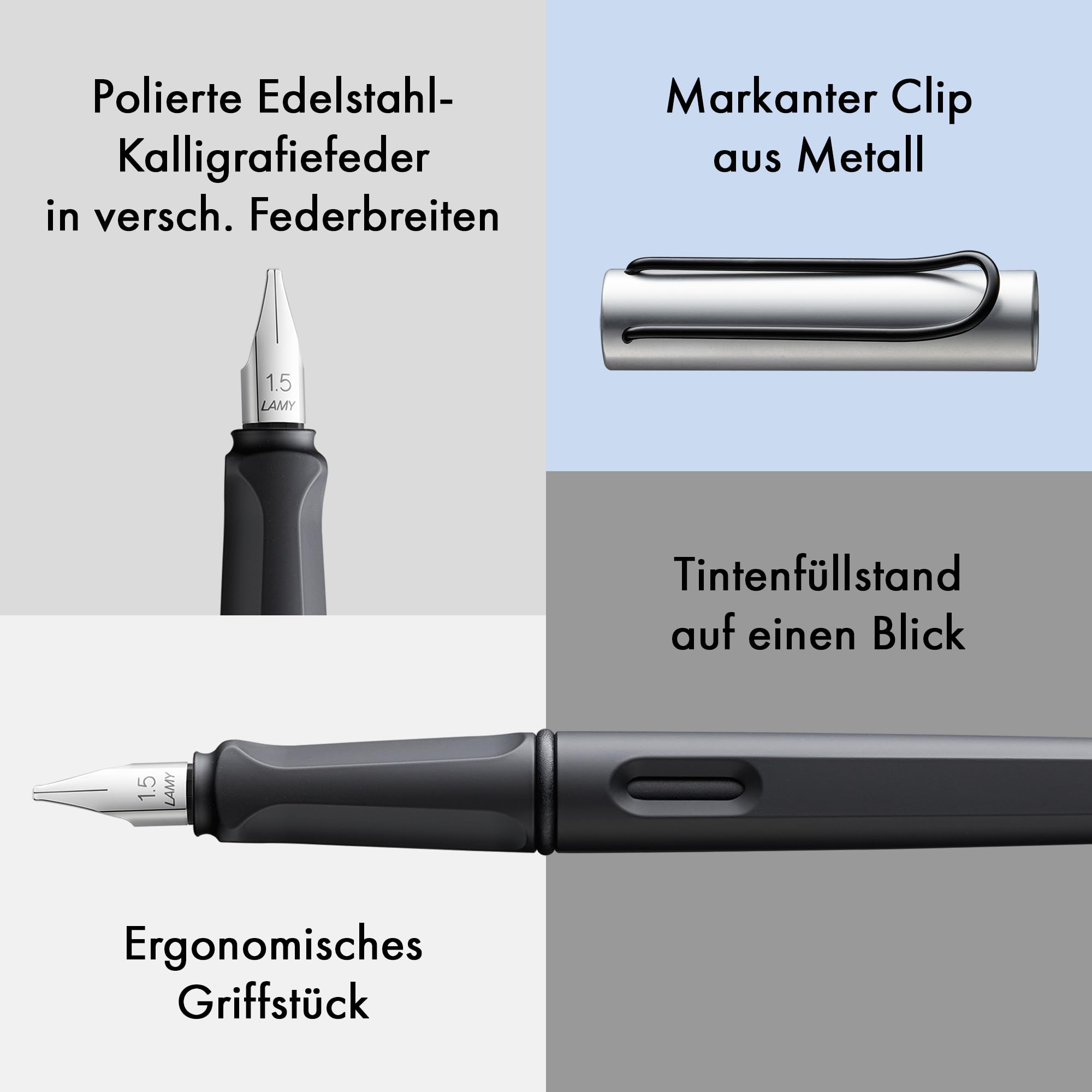 Lamy joy AL black Kalligraphie Füller Set – Schönschreibfüller mit 3 versch. Federn (1,1/1,5/1,9 mm) - Füllhalter mit Bandzugfeder & ergonomischem Griff – inkl. 5 Tintenpatronen T 10 blau