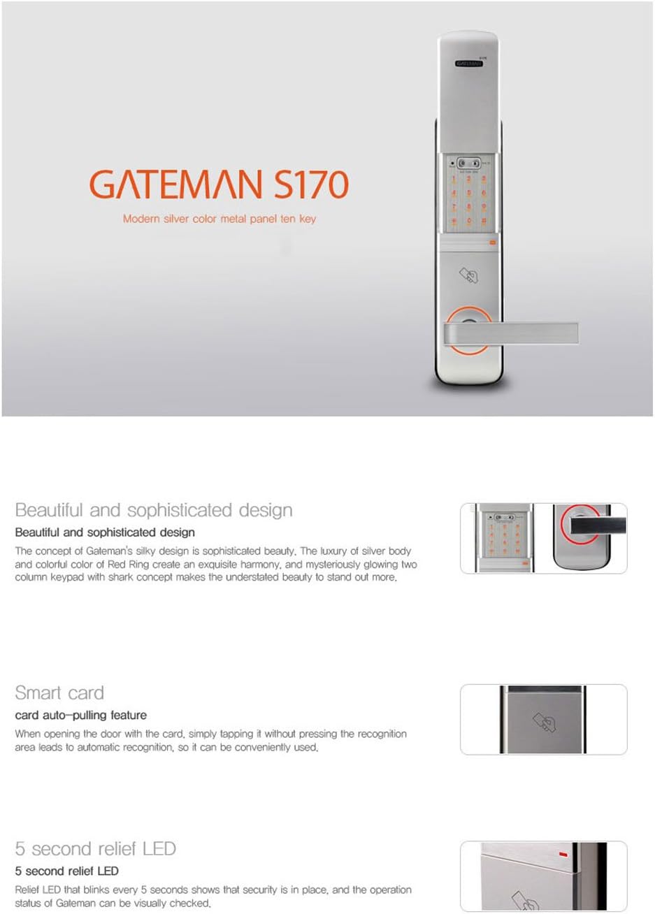 Gateman IREVO S170 Keyless Door Lock highlighting design, smart card, and LED features