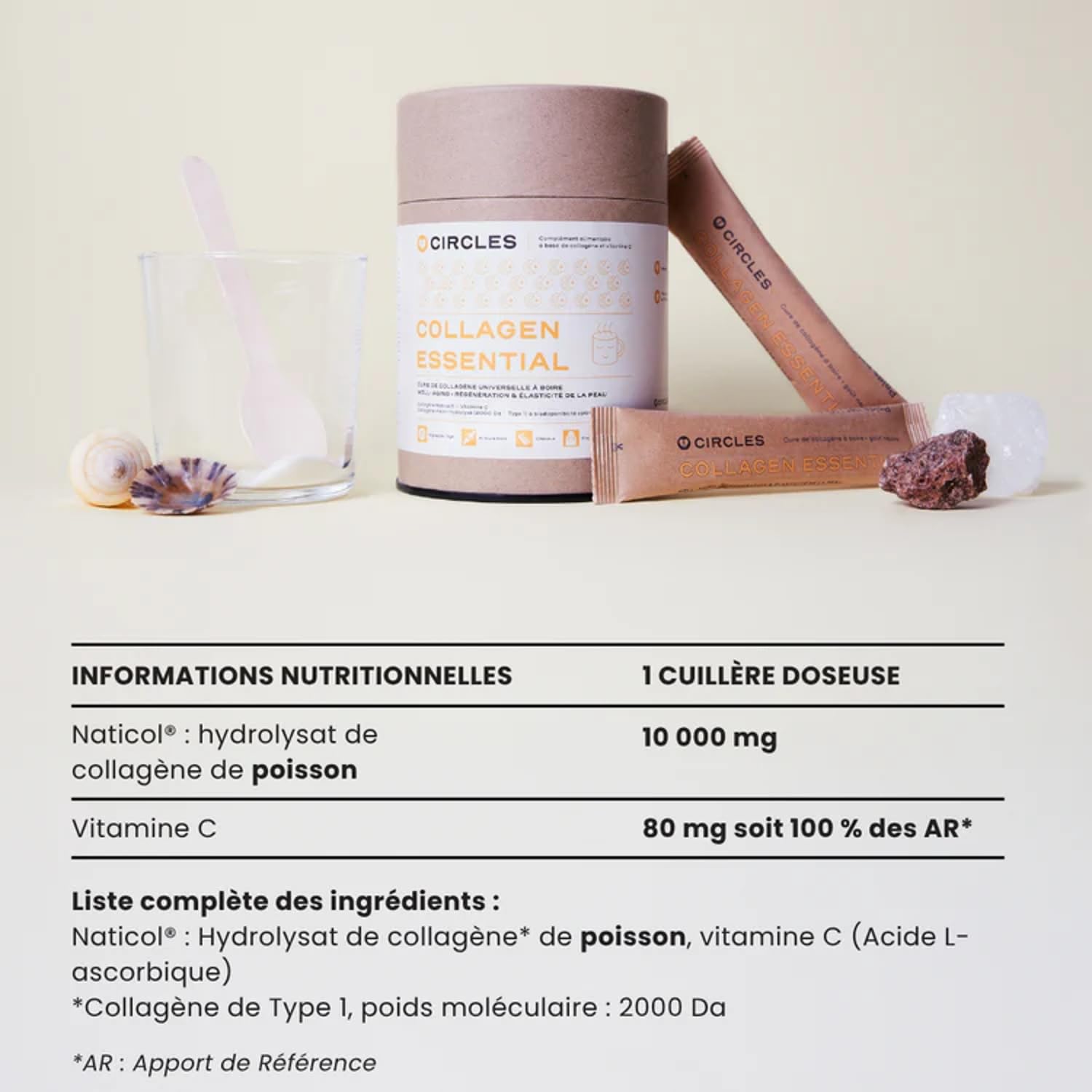 Circles COLLAGEN ESSENTIAL, Régénération & Élasticité de la peau, Poudre de collagène marin avec vitamine C pour régénération cutanée, élasticité et hydratation, soutien articulaire, 300 g