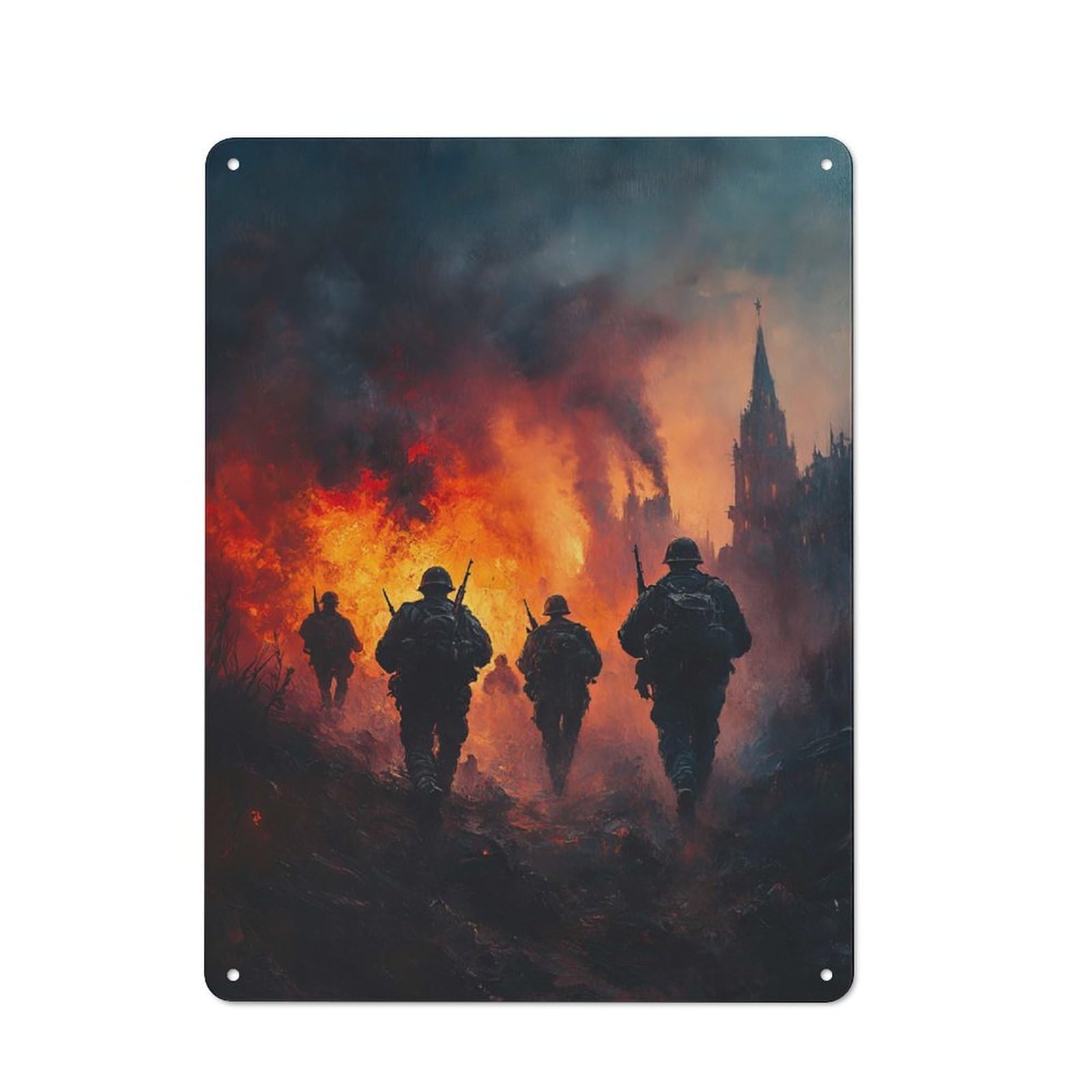 Soldiers in Wartime Clean Industrial Metal Wall Decor 40x30cm, Decorative Metal Plaque for Workspace, Cafe, Hallway Or Garage