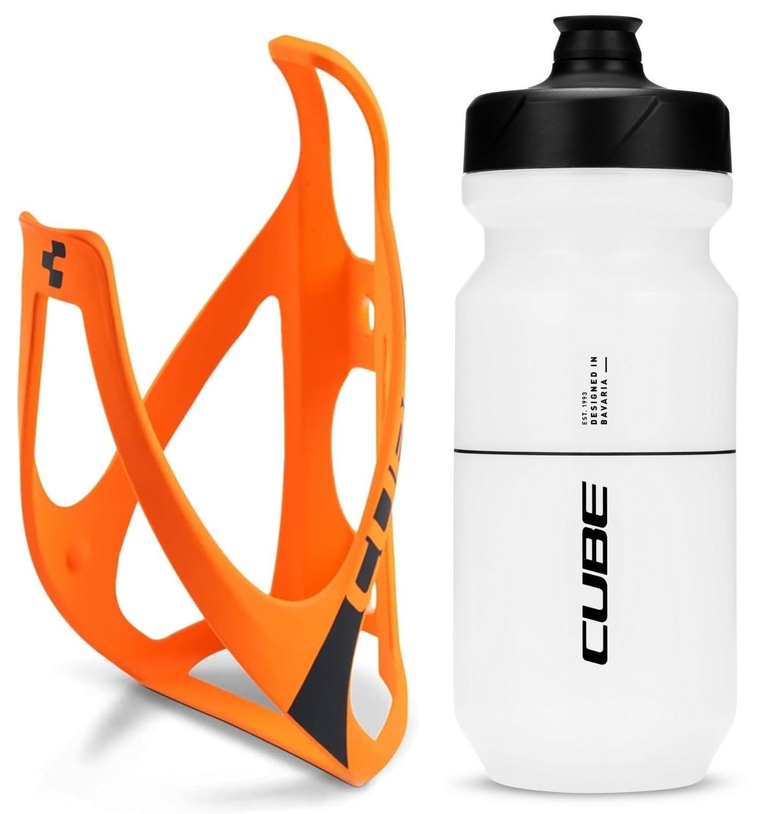 Cube HPP Cage - Matt Orange/Black & Flow Bottle - Clear, 500ml / Water Drink Flask Vessel Bidon Holder Mount Bracket Kit Lightweight Plastic Drinking Hydration Biking Bike Riding Frame Accessories — image 1