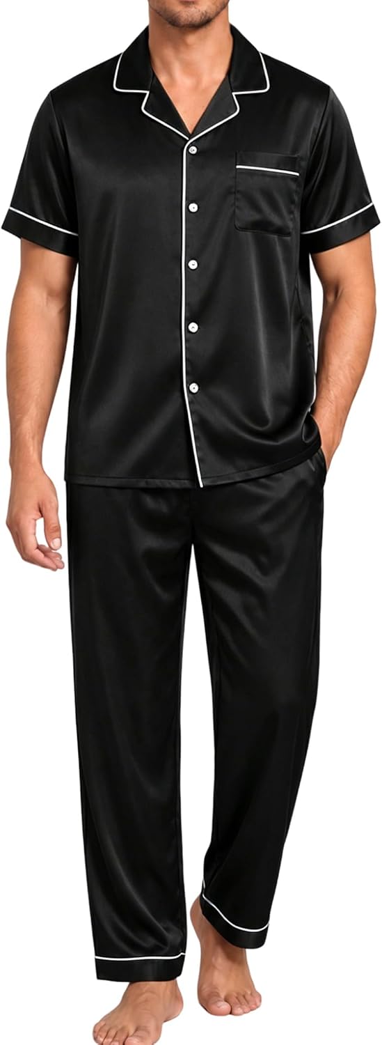 Vssjavun Men Satin Silk Pajamas Set Classic 2 Piece Pjs Set with Long Pants