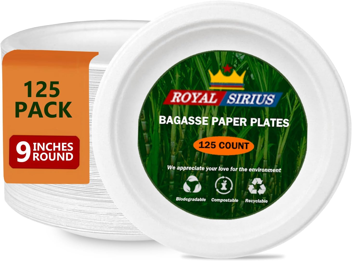 Royal Sirius, 9 Inch, 125 Count, 100% Compostable Paper Plates, Biodegradable Bagasse Plates, Heavy Duty Disposable Plates Bulk for Party | Microwave-Safe | Soak-Resistant, Cut Resistant, White