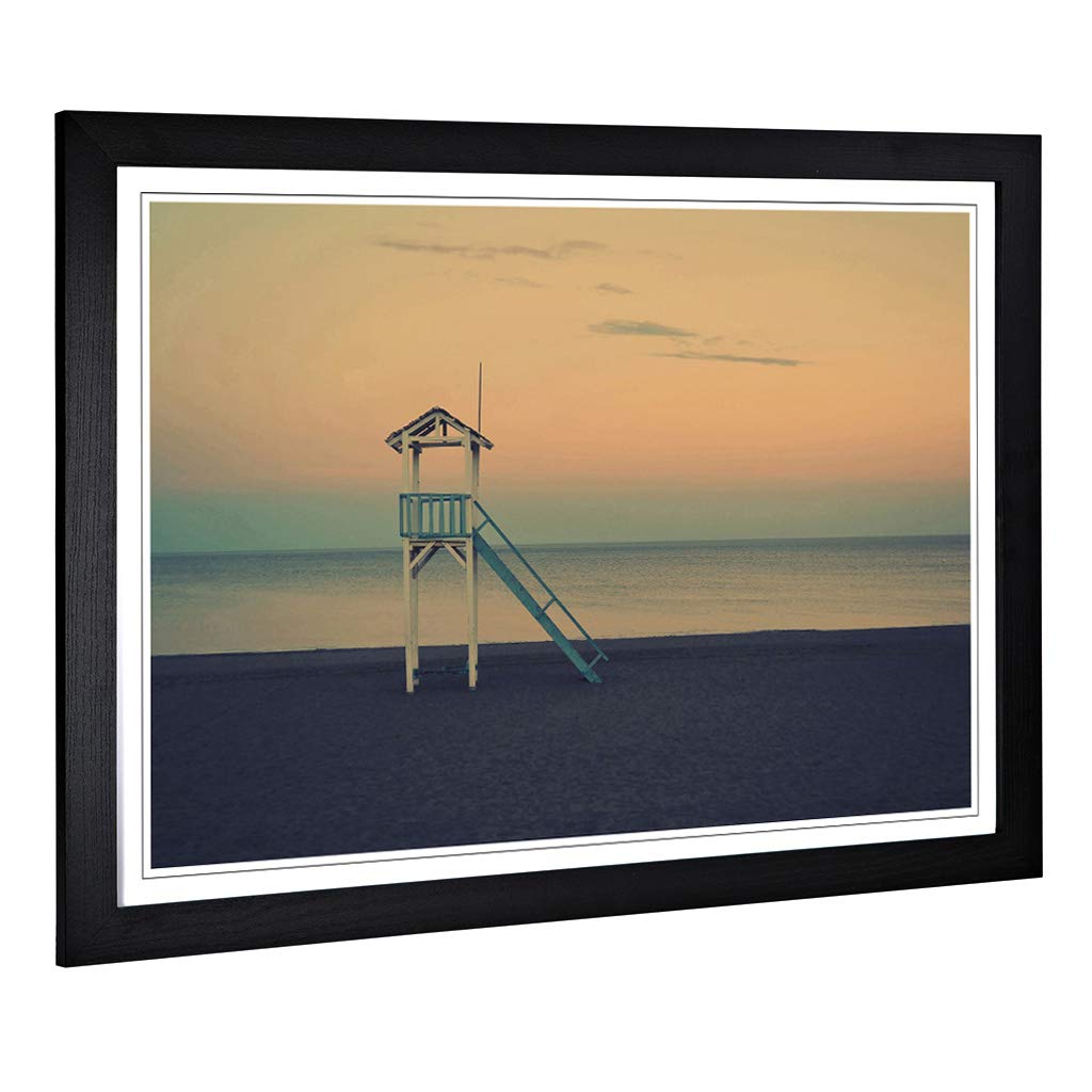 Big Box Art Framed Print of Beach Lifeguard Tower Seascape Design | Wall Art Picture | Home Decor for Kitchen, Living, Dining Room, Bedroom, Hallway, Office, Black, A2 / 24.5x18 Inch / 62x45cm
