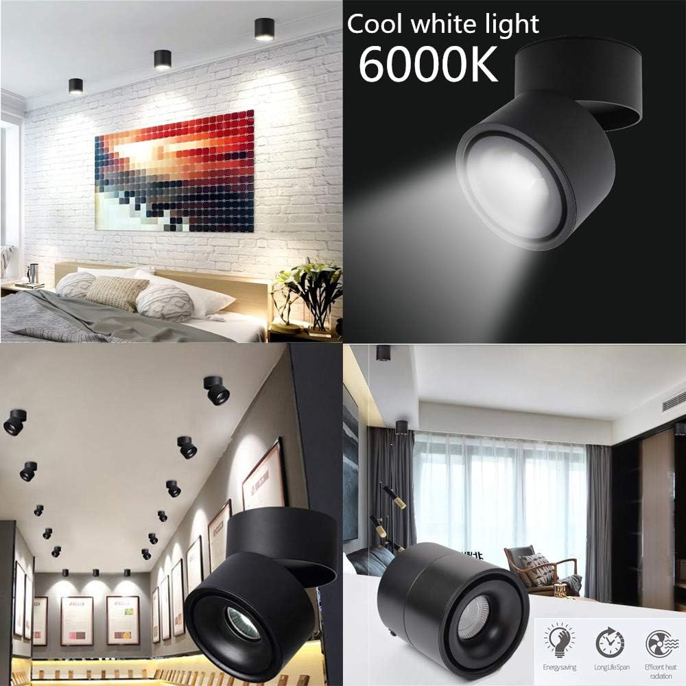 Dimmable Ceiling Spotlight,Indoor 360°Adjustable Surface Mounted LED 10W COB Ceiling Downlight-Wall Lamp for Picture Background Wall Display Lighting(Black,6000K Cold Light)