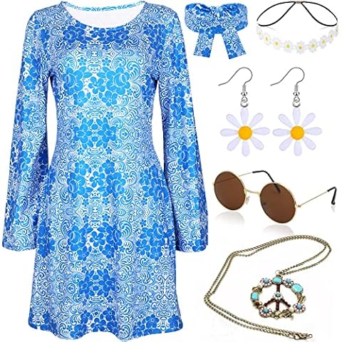 YADODO 70s Fancy Dress Women Hippie Costume 70s Fancy Dress Costume Disco Outfits 70s 60s Fancy Dress for Women with 70s Accessories for Women 70 Style Hippy Fancy Dress Adult Halloween Costume (L) Cover