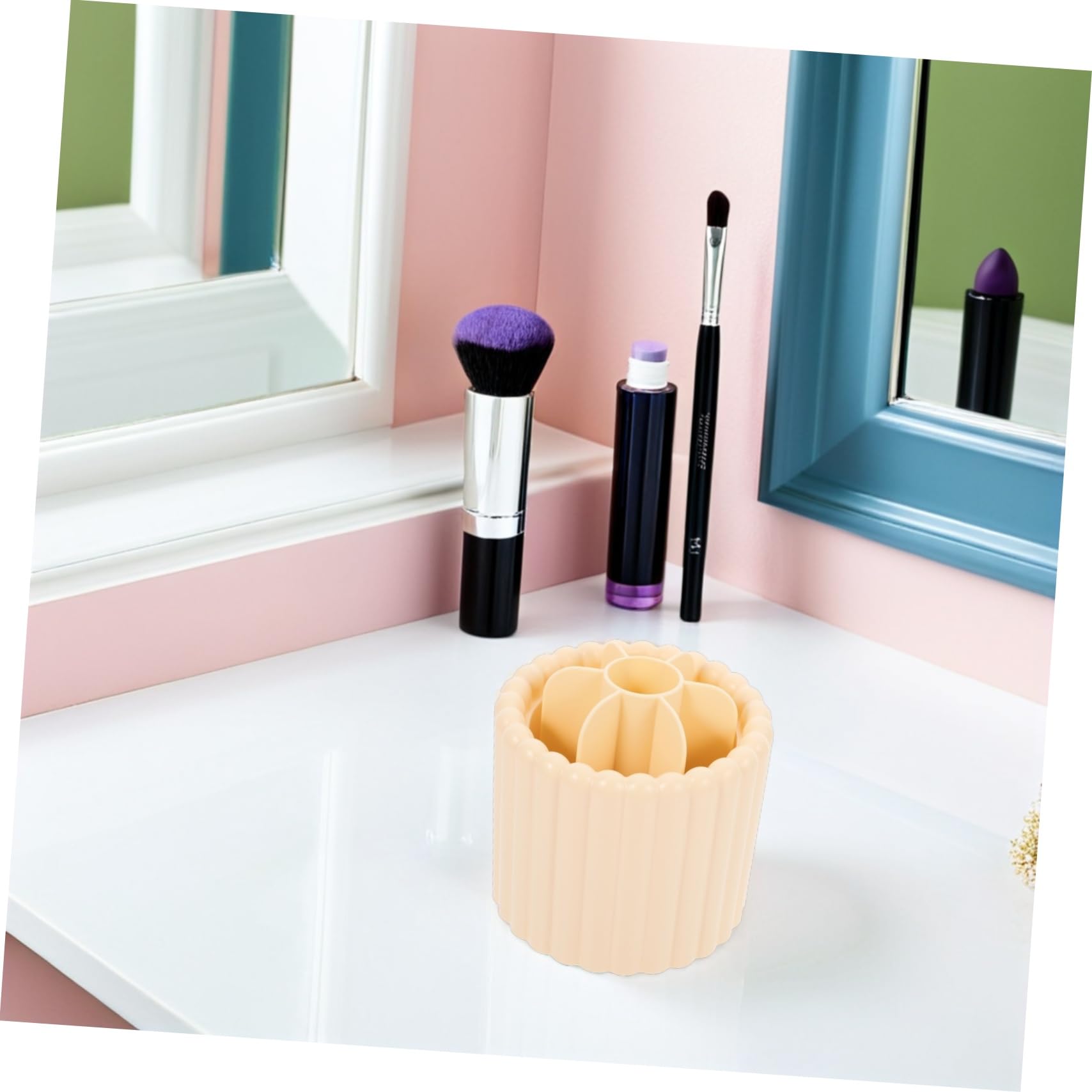 Alipis 2 Pezzi Organizer Rotante per Pennelli Trucco e Porta Penne da Scrivania Contenitori Multifunzione per Bagno e Camera Color Crema e Rosa Design Moderno e Facile da Pulire
