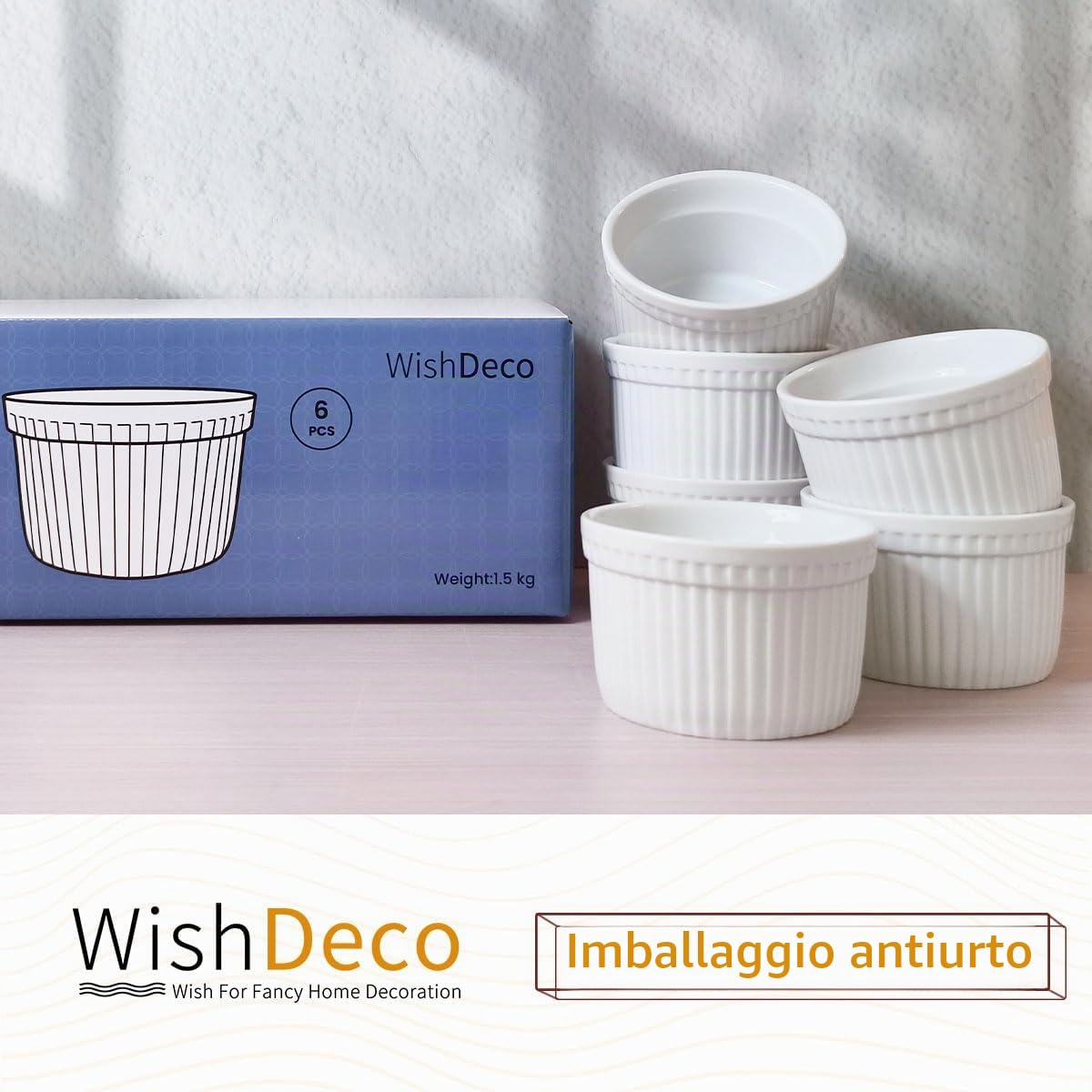 WishDeco Set di 6 Pirottini Ceramica, 200 ml Stampi per Soufflè, Cocotte Forno, Mini Pirottini Creme Brulee, Piccole Ciotole Bianche per Salse, Crema, Aperitivo