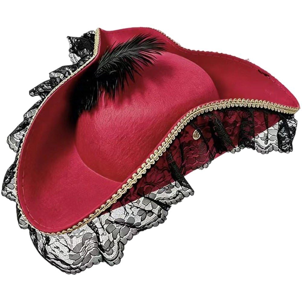 Lamdbao Pirate Hat with Feather and Lace Trim Pirate Costume Accessories, Halloween Cosplay Costume Hats Medieval Colonial Tricorn Hat