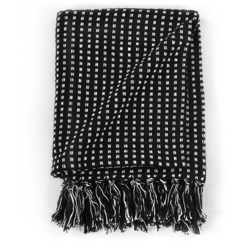 Plaid de algodón negro 220 x 250 cm con borlas | Lavable a máquina a 40 °C, tacto suave, sofá y cama, diseño moderno