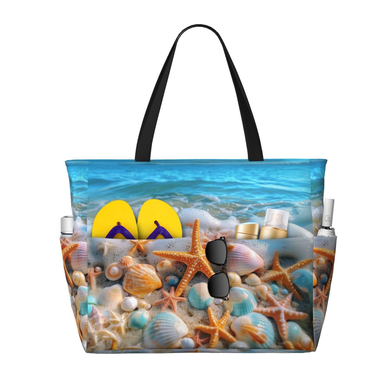 REVENEVER Beach Tote Bag for Women Foldable Waterproof and Sandproof Tote Bag with Zipper Print Beach Bag Large Travel Bag