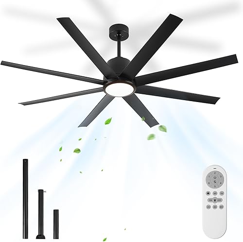 Ventilador de techo grande negro de 65 pulgadas con luces, control remoto de 8 aspas, luz de ventilador de exterior para patio, luz LED grande para