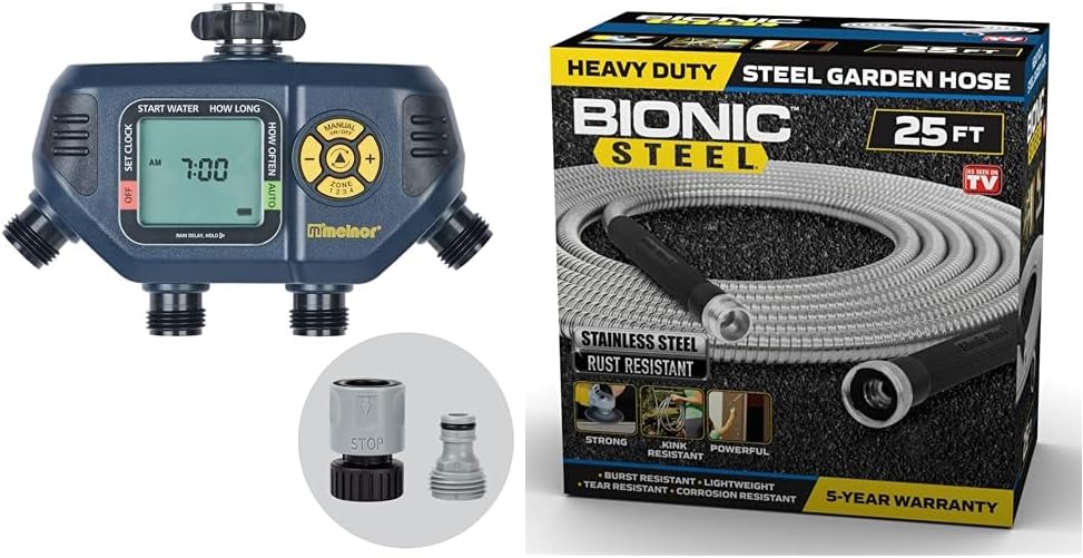 Melnor 65140AMZ 4 Zone Digital Timer and Bionic Steel 25 Feet Metal Home Garden Hose Bundle