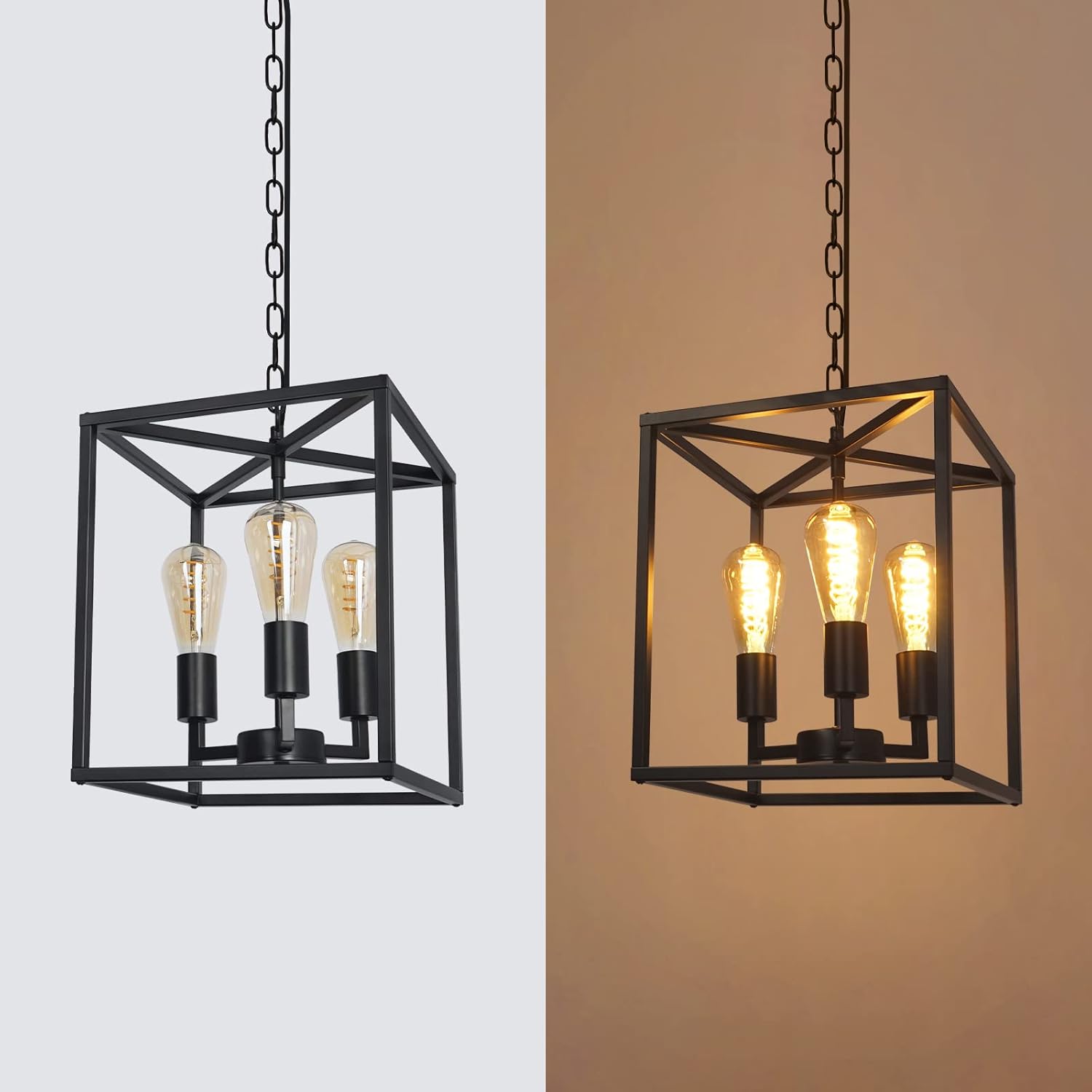 Farmhouse Industrial Plug in Pendant Light with 16.9ft Cord, Black Small Square Chandelier Hanging for Kitchen Island, Entryway, Dinning Room (3-Light)