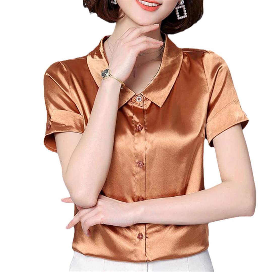 Camisa con Botones para Mujer, Manga Corta, Cuello en V, Blusa de Negocios para el Camisas de Seda Satinada pic 4 XS