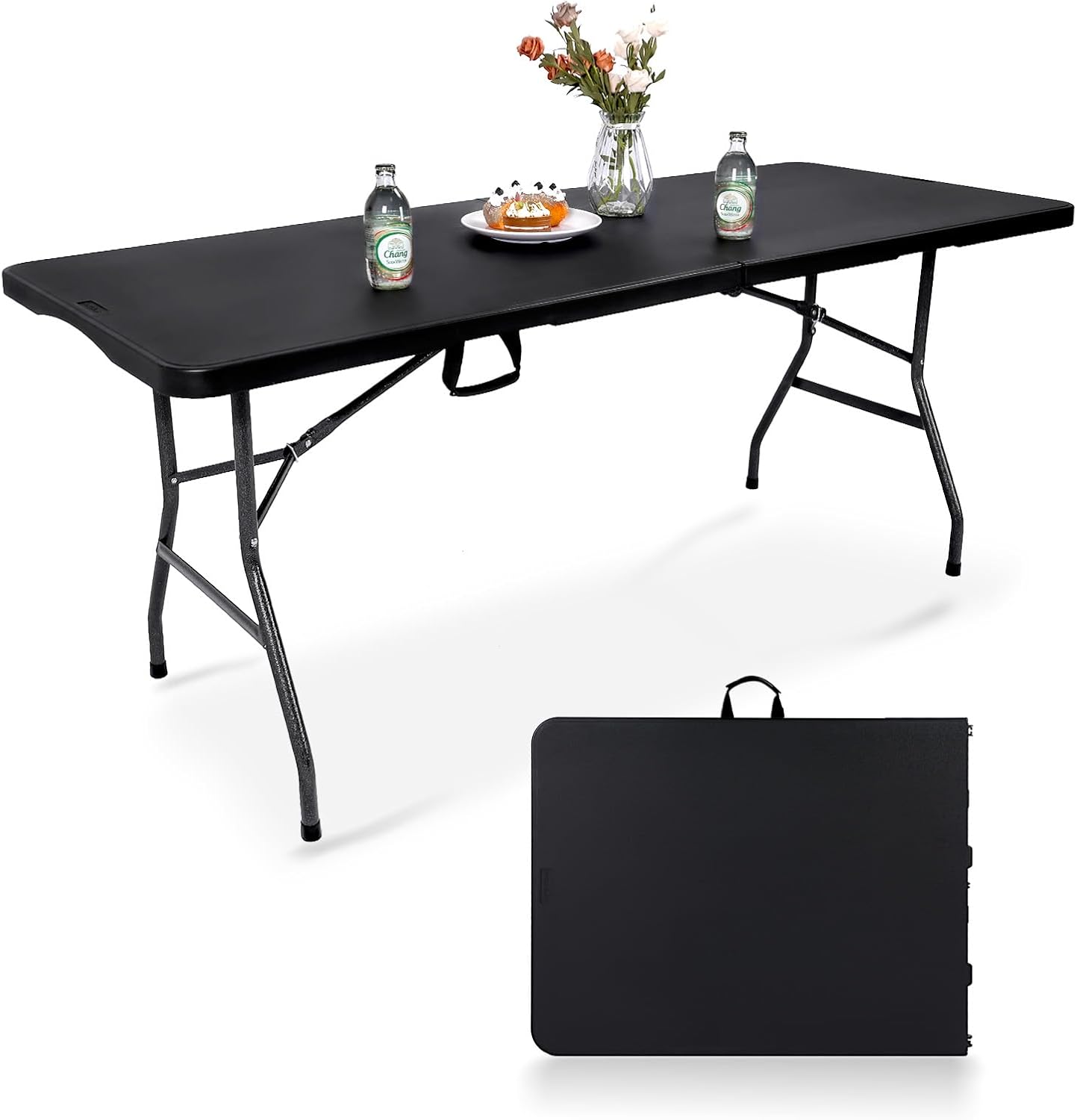 Foldable Table Portable Banquet Surface Fold-in-Half Desk Utility for Working Meeting Parties, Picnic, Camping, Weddings, Catering, Garden Dining-Black Black 6 FOOT