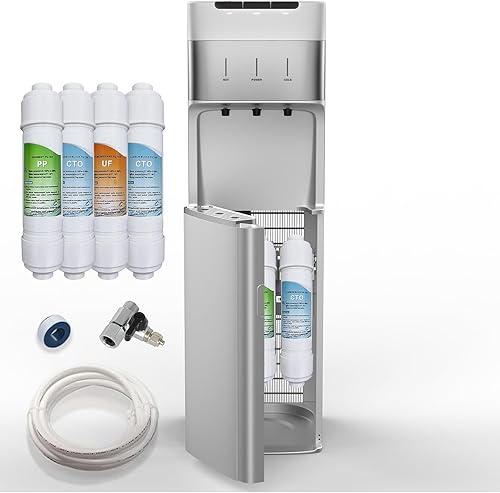 Dispensador de enfriador de agua sin botella de autolimpieza con filtro de agua de 4 etapas 3 ajustes de temperatura, plata