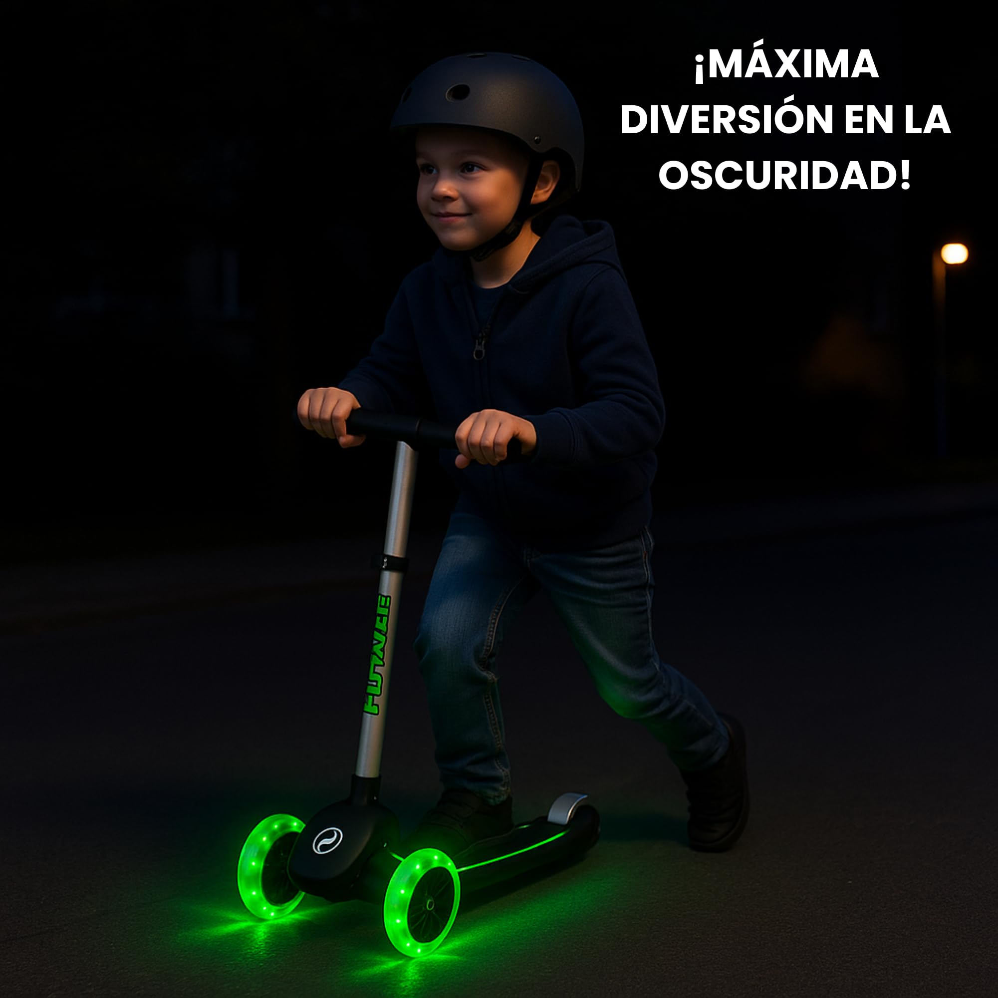 QPlay Patinete Niño Infantil 3 Ruedas Luminosas | Altura Regulable | Luces LED en la Base y en Las Ruedas | Diseño Estable y Visible | Patinete Plegable Niño con Puños Antideslizantes