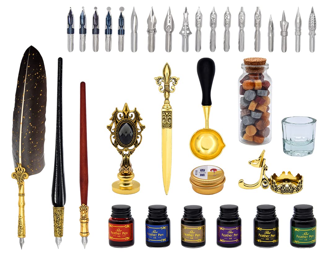 XIAOYU Ensemble stylo plume de calligraphie antique et encre pour débutants, stylo plume en verre, stylo de calligraphie pour écrire, dessin, signature, mariage, anniversaire, gris
