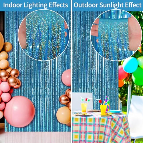Picoway 4 Pack Bule Laser Foil Fringe Tinsel Backdrop Curtains, Birthday Engagement Bachelorette Baby Shower Ocean Themed Party Decorations, Photo Booth Props Door Streamers Curtain Wedding Decor