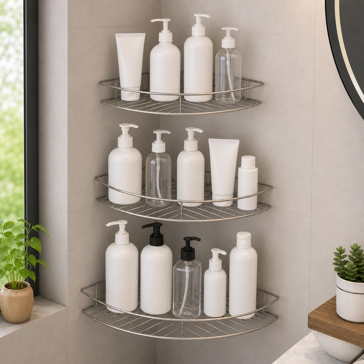 Stainless Steel Bathroom Corner Shelf | Wall Mounted Shower & Kitchen Storage Rack | Rustproof Triangle Wire Basket for Soap, Shampoo & Accessories (Pack of 3)-image-26