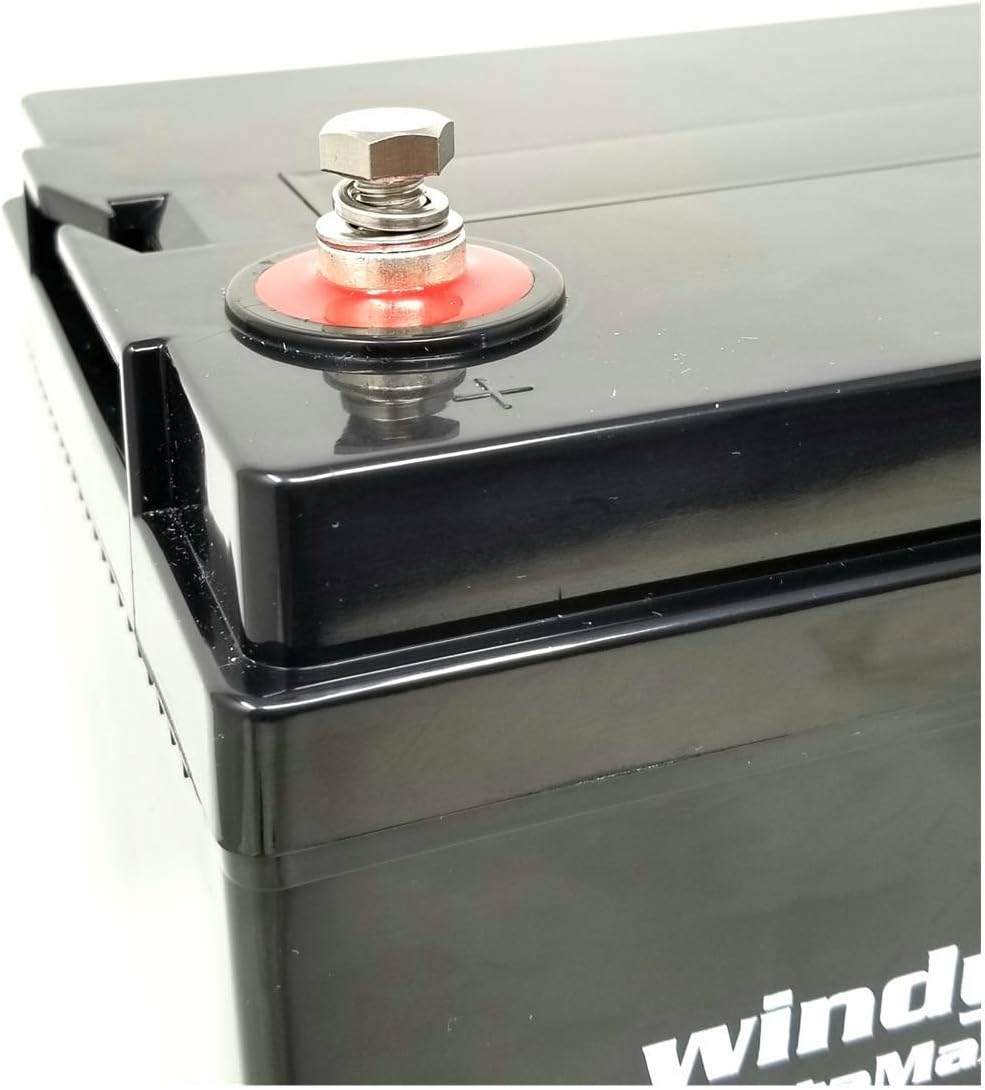 Close-up of a battery terminal connection with hex bolt, lock washer, flat washer, cable lug, and threaded terminal