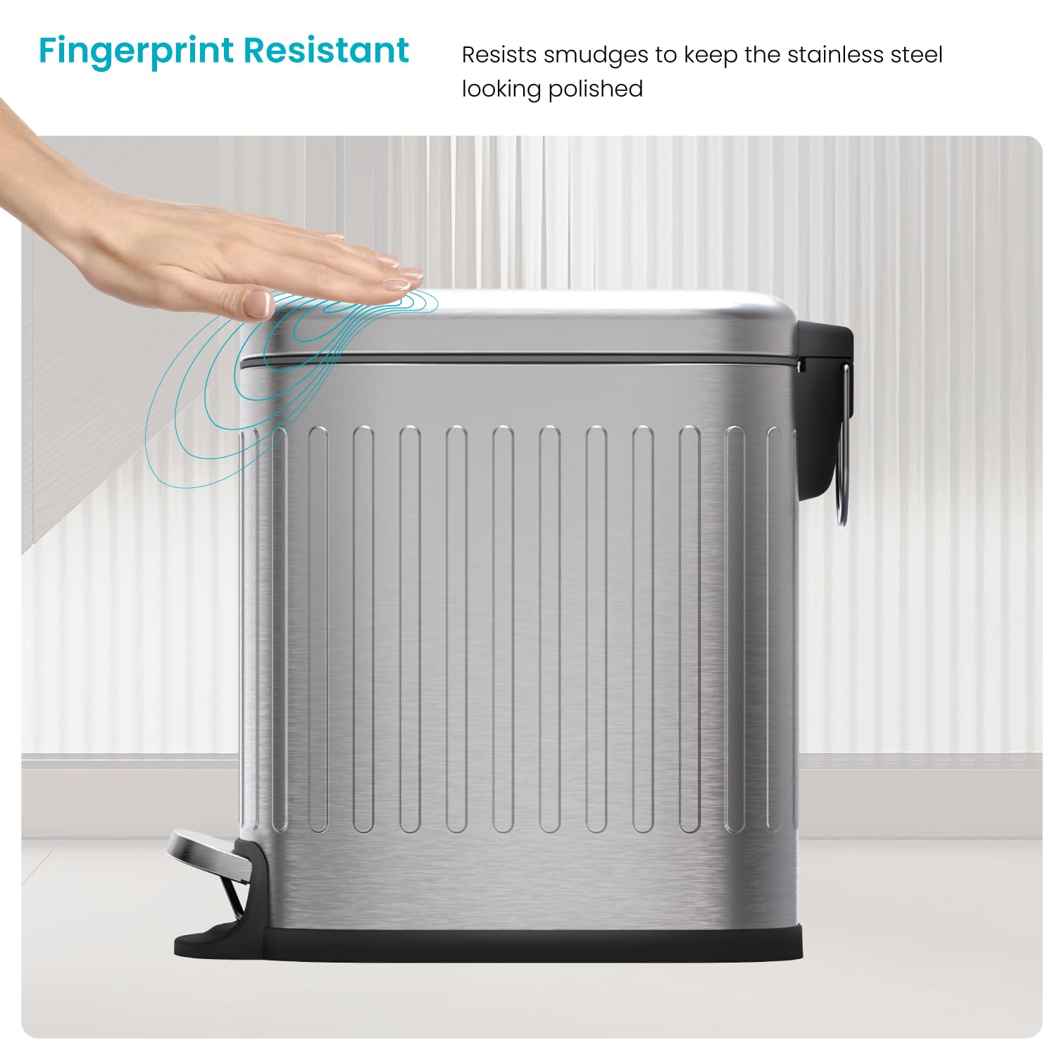 Home Zone Living Kleiner Mülleimer mit Deckel und Trittpedal, Edelstahl mit schlankem Rippen-Design, für Zuhause und Büro, silberfarben, 5 Liter
